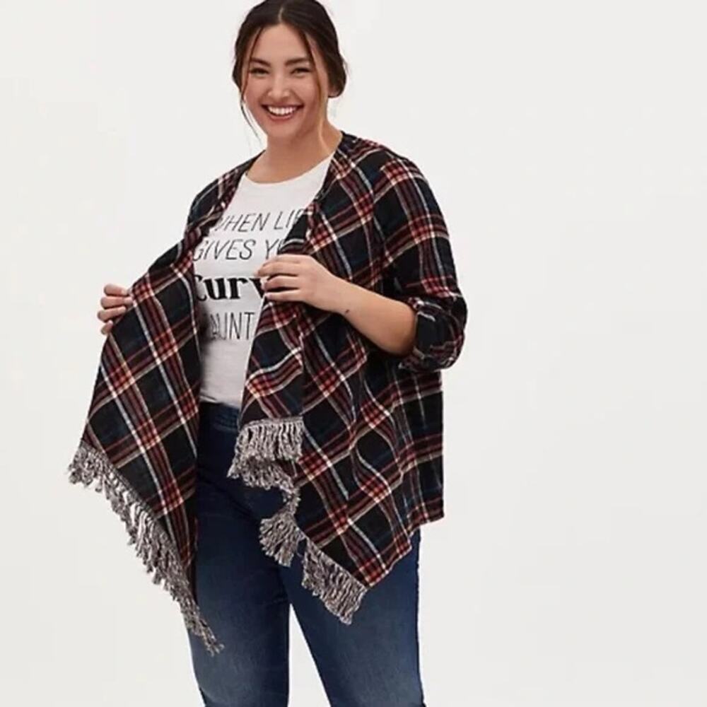 Torrid 0 Plaid Flannel Fringe Long Sleeve Kimono Large Blue Pink Teal